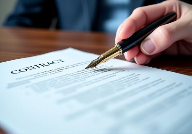 Close up of a legal professional reviewing a complex document with a fountain pen