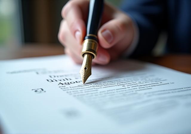 Close-up of a legal professional reviewing a formal contract with a luxury pen