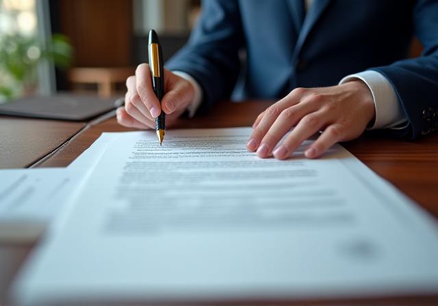 Close-up of a legal professional reviewing mediation documents in a sophisticated office