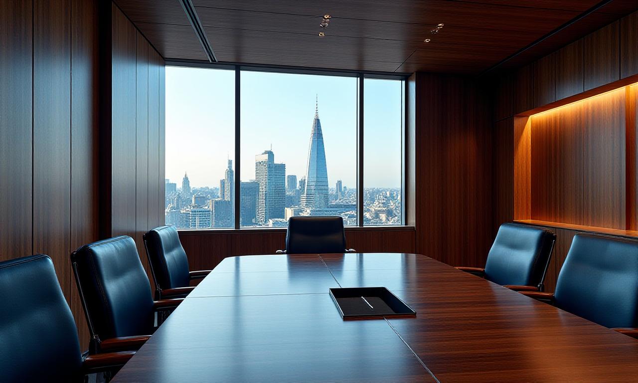 Sophisticated law office interior with view of London skyline